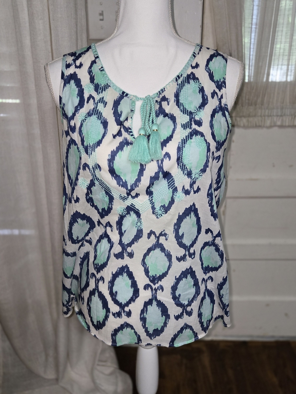 Sleeveless Mint & Navy Ikat Print Tank Top